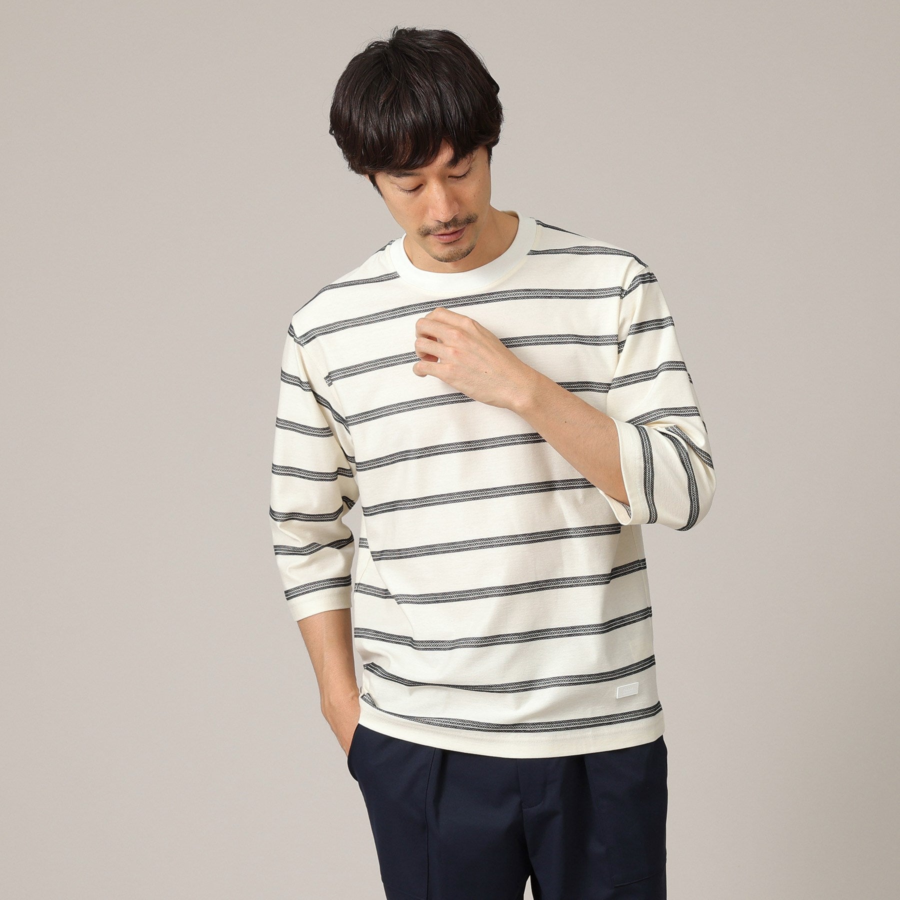 TAKEO KIKUCHI 7-minute sleeve textured border cut-and-sew