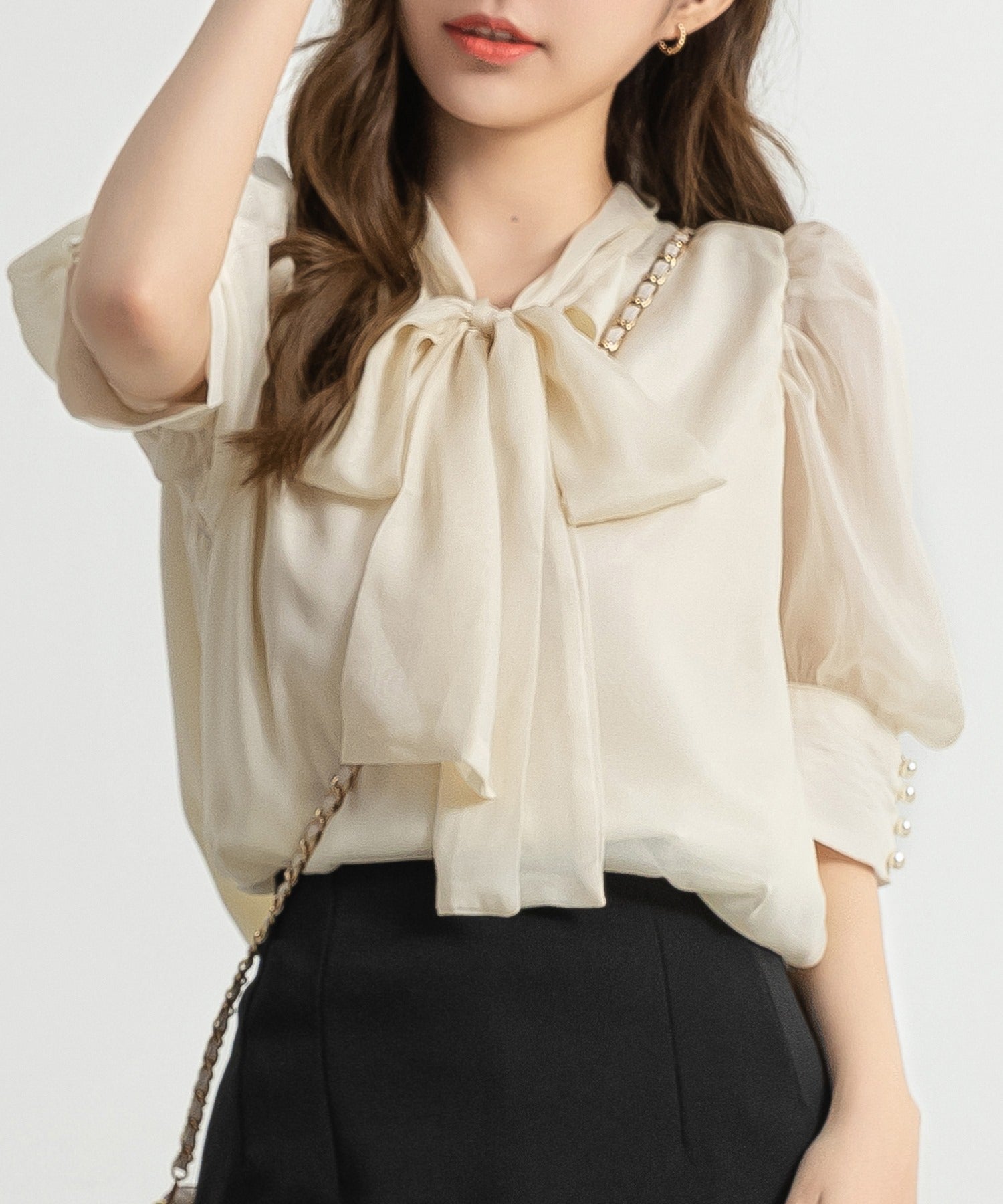 テディショップ Teddyshop レディース 長袖ボウタイリボンシアーシフォンブラウス （アイボリー） アイボリー