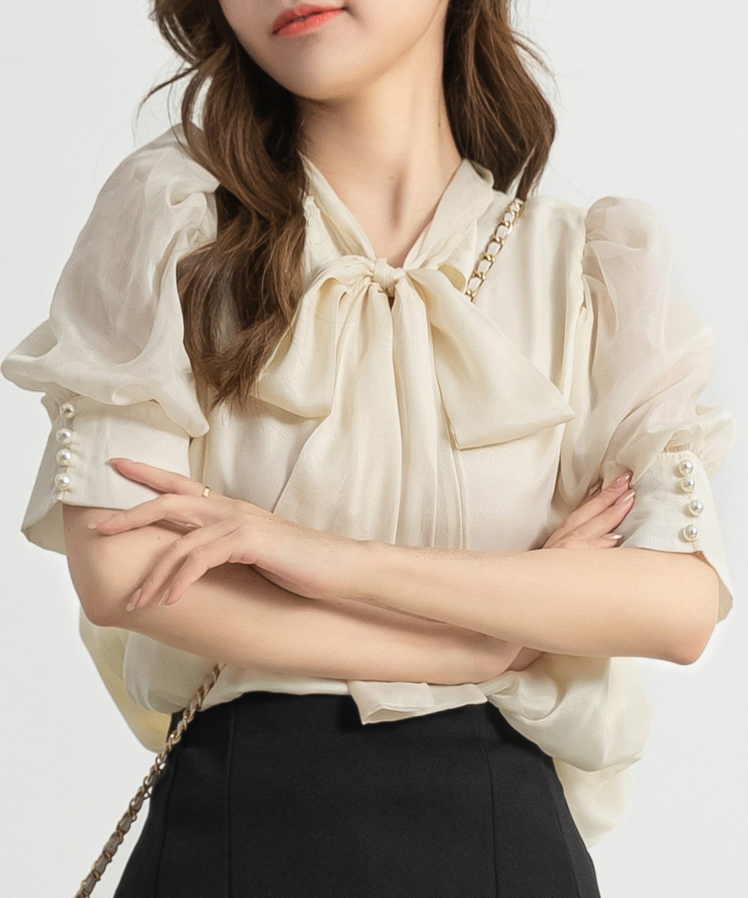 テディショップ Teddyshop レディース 長袖ボウタイリボンシアーシフォンブラウス （アイボリー） アイボリー