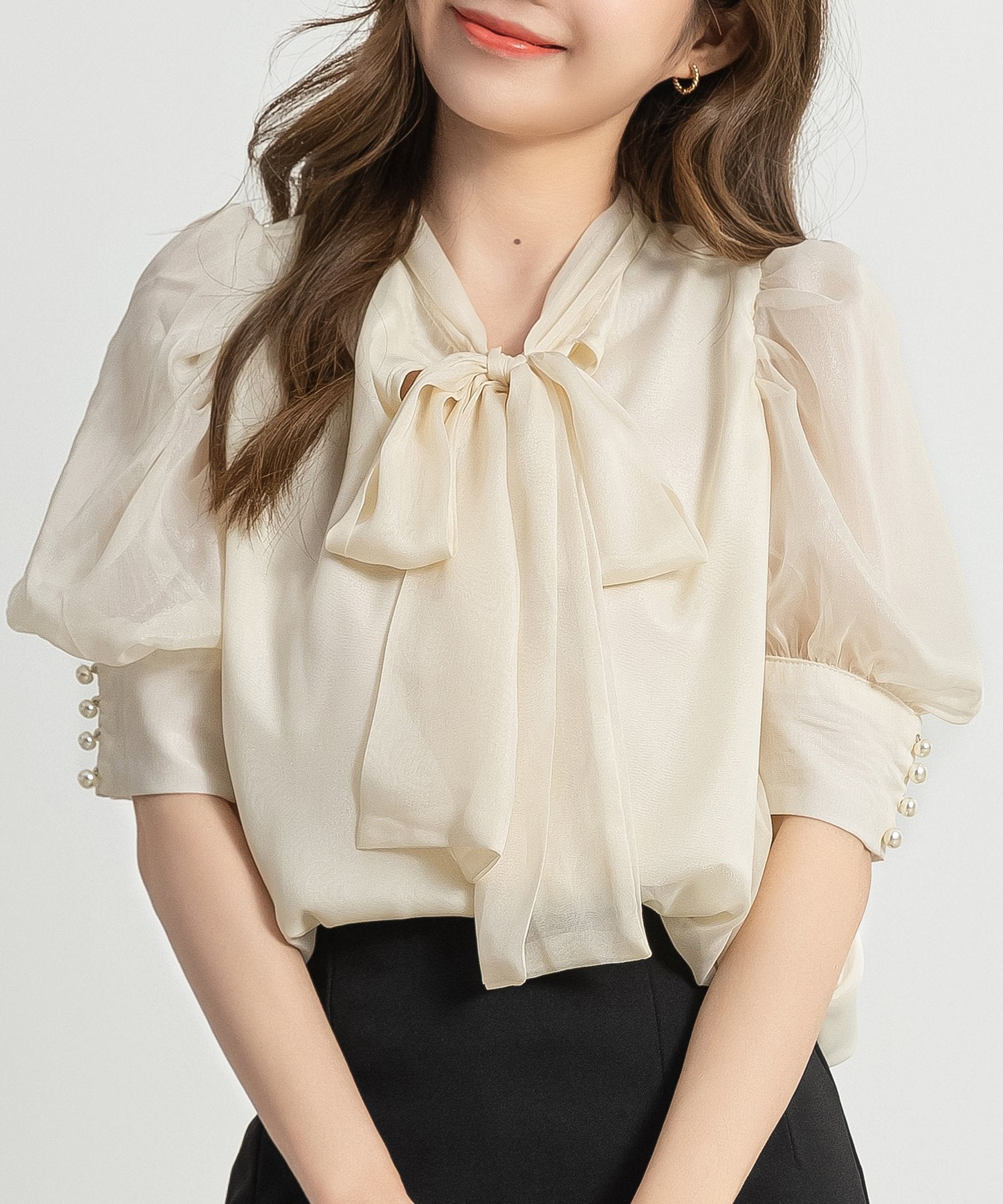 テディショップ Teddyshop レディース 長袖ボウタイリボンシアーシフォンブラウス （アイボリー） アイボリー