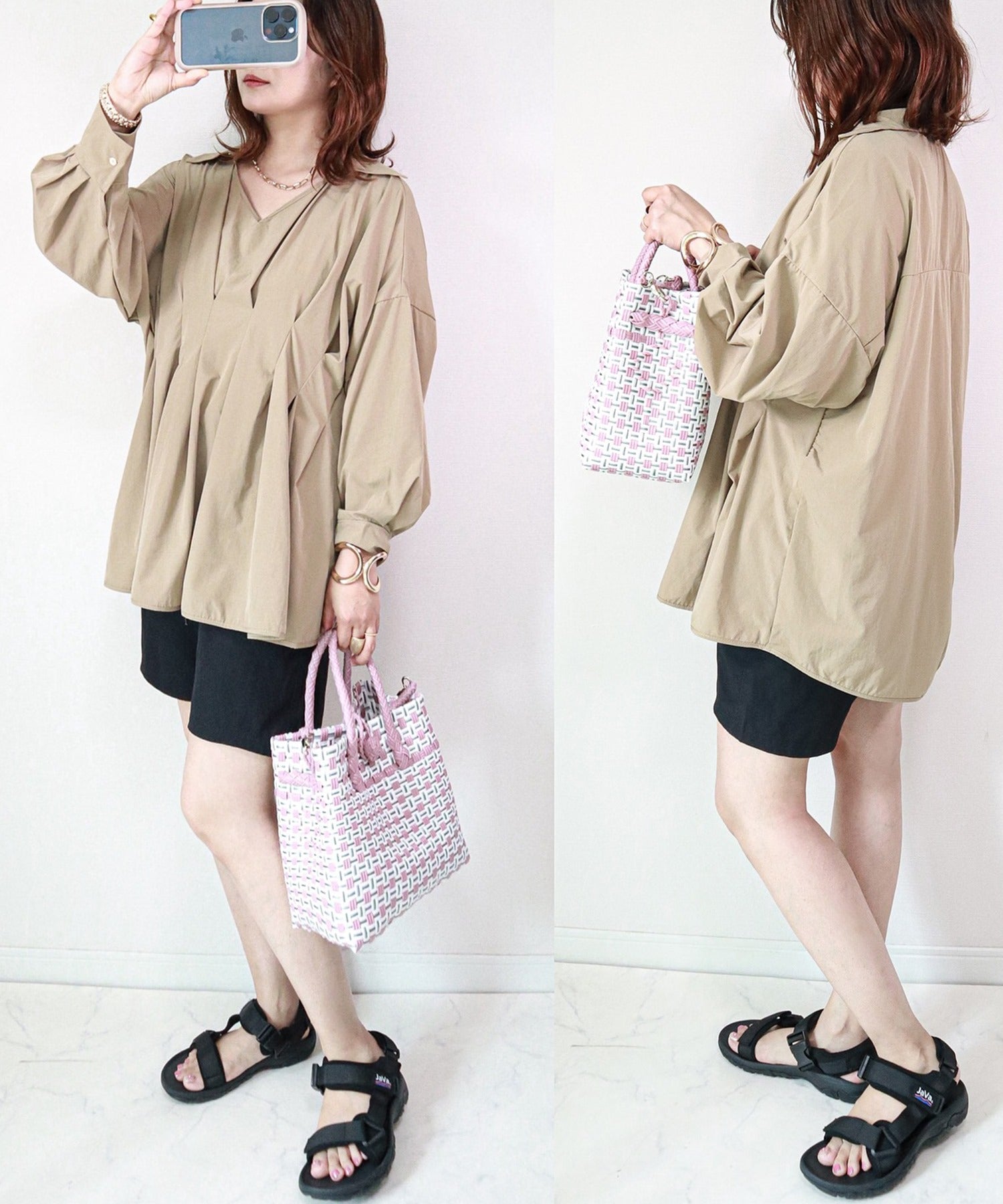 テディショップ Teddyshop 【UVカット率 99%以上】レディース 長袖スキッパーシャツ風ウエストタックラッシュガードトップス【返品不可商品】 （ブラック） ブラック