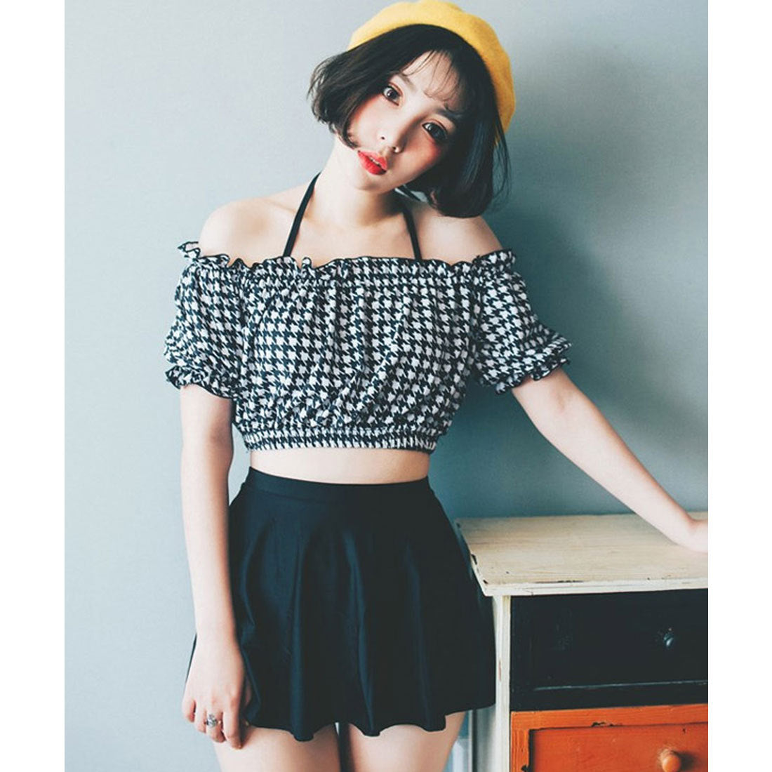 テディショップ Teddyshop レディース 水着 オフショルトップス ホルターネックビキニ （B：千鳥柄） B：千鳥柄