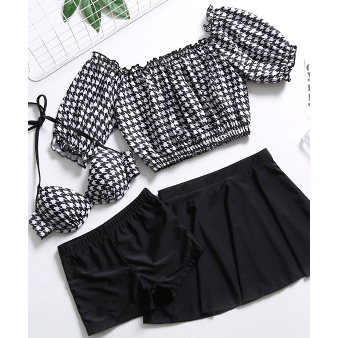 テディショップ Teddyshop レディース 水着 オフショルトップス ホルターネックビキニ （B：千鳥柄） B：千鳥柄