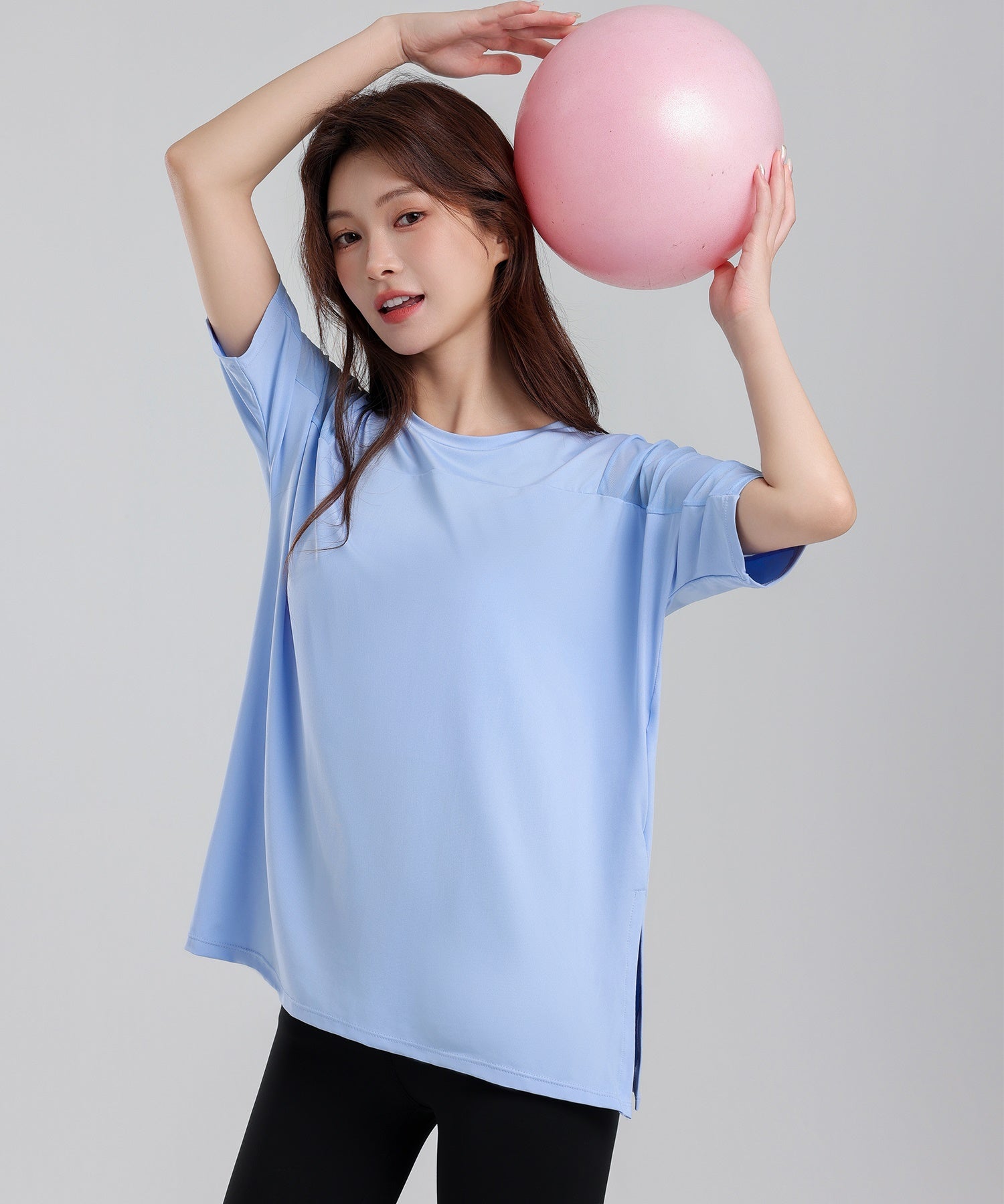 テディショップ Teddyshop レディース 半袖メッシュ×サイドスリットヨガウェアトップス ［フィットネス/スポーツ/ジム/ピラティス］ （サックス） サックス