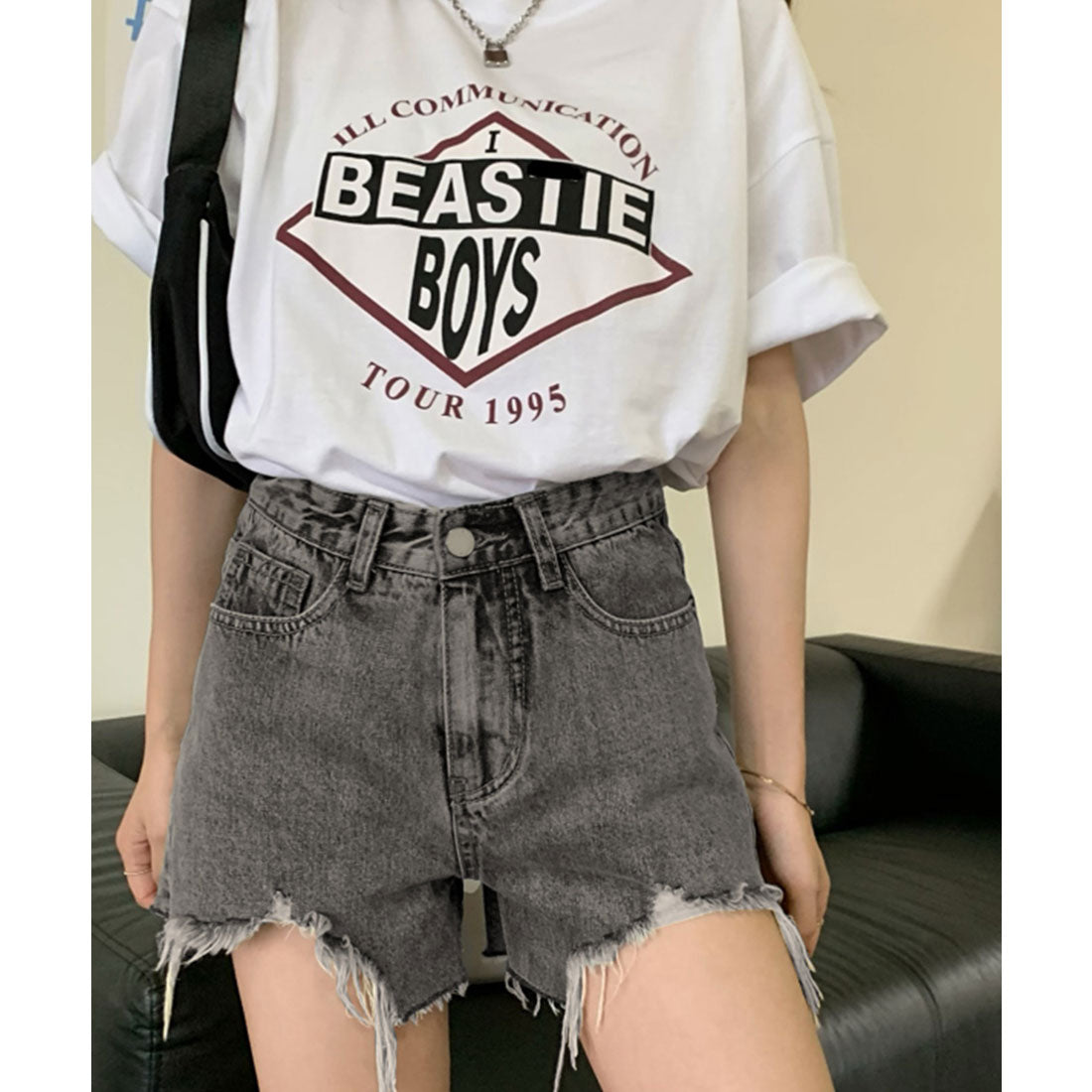 テディショップ Teddyshop レディース ヴィンテージ風ハイウエストショートダメージデニムパンツ （グレー） グレー