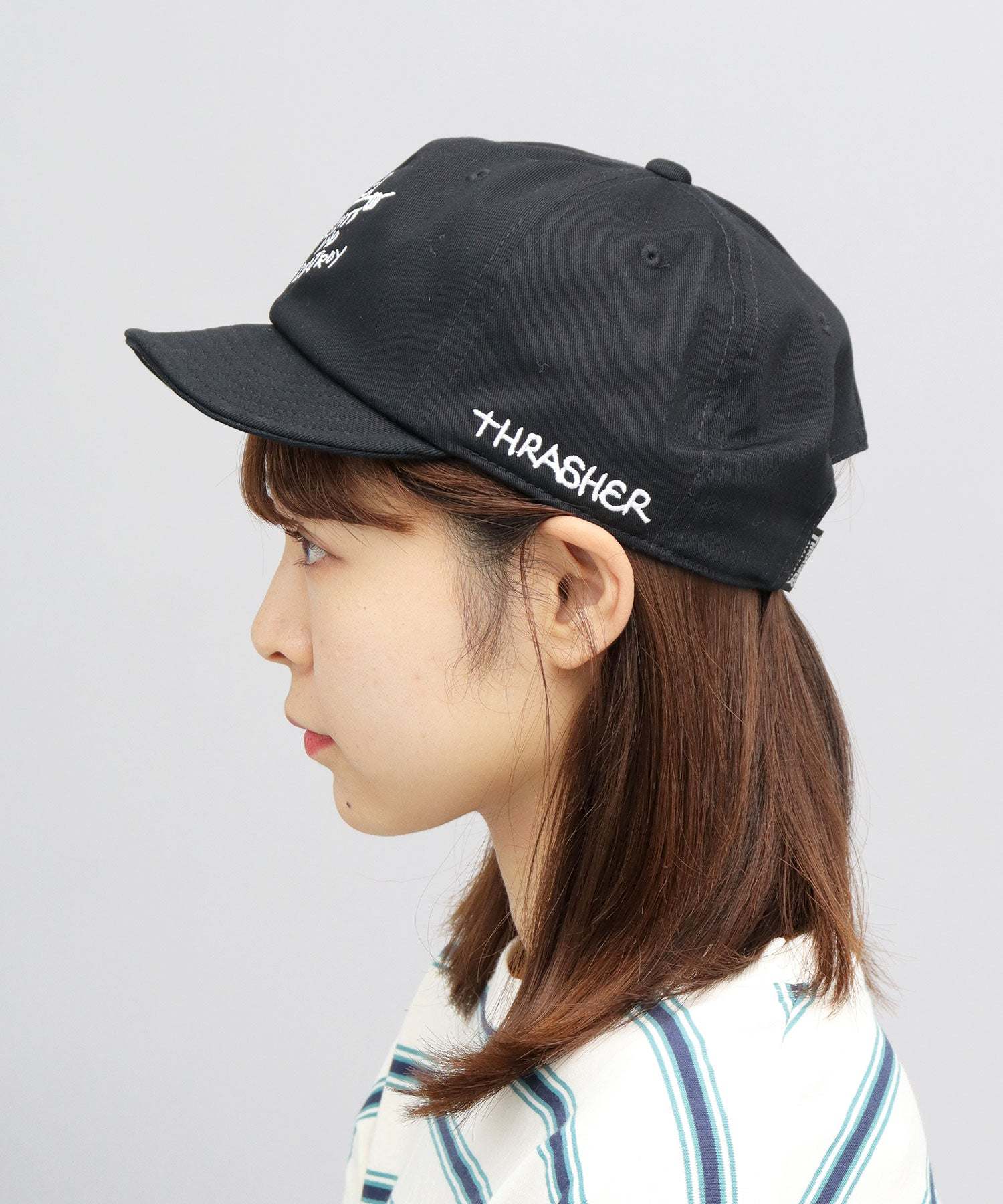 スラッシャー THRASHER 刺繍 ボールキャップ 帽子 ショートバイザー つば短い （ブラック） ブラック