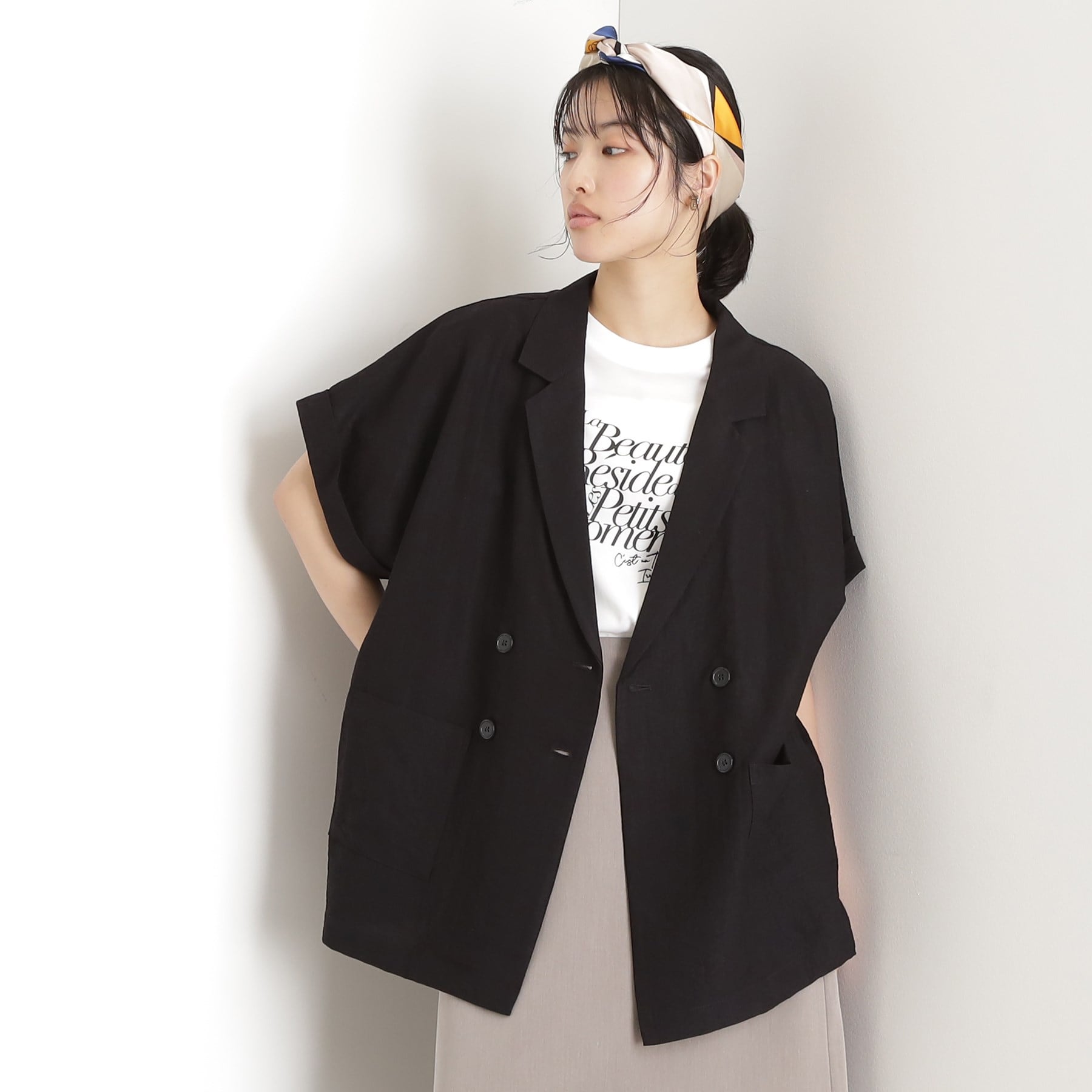ザ ショップ ティーケー  (ウィメン) THE SHOP TK(Women) リネン混半袖テーラージャケット【洗える/セットアップ可】 （ブラック(019)） ブラック(019)