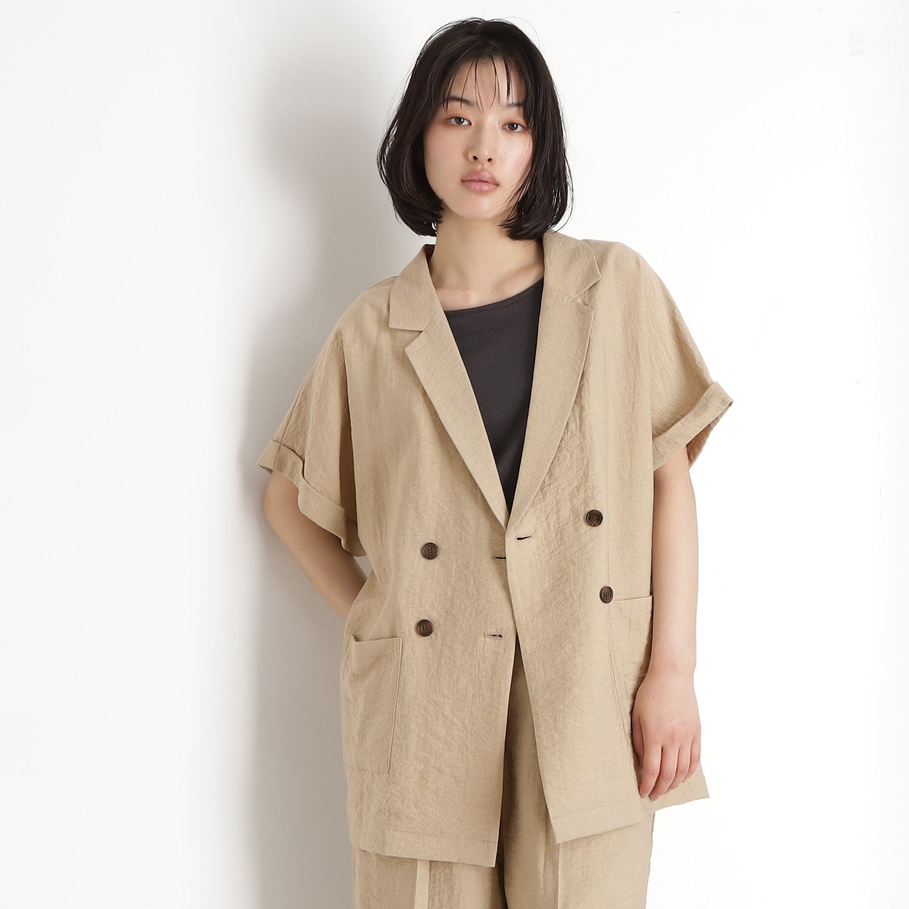 ザ ショップ ティーケー  (ウィメン) THE SHOP TK(Women) リネン混半袖テーラージャケット【洗える/セットアップ可】 （ブラック(019)） ブラック(019)