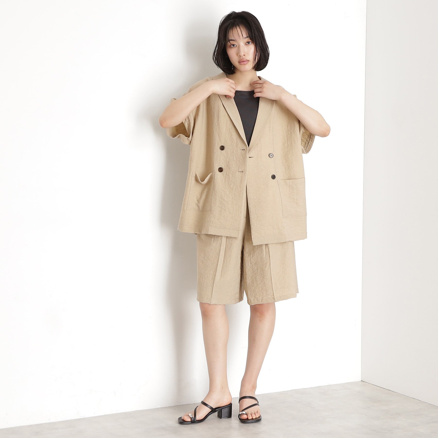 ザ ショップ ティーケー  (ウィメン) THE SHOP TK(Women) リネン混半袖テーラージャケット【洗える/セットアップ可】 （ブラック(019)） ブラック(019)