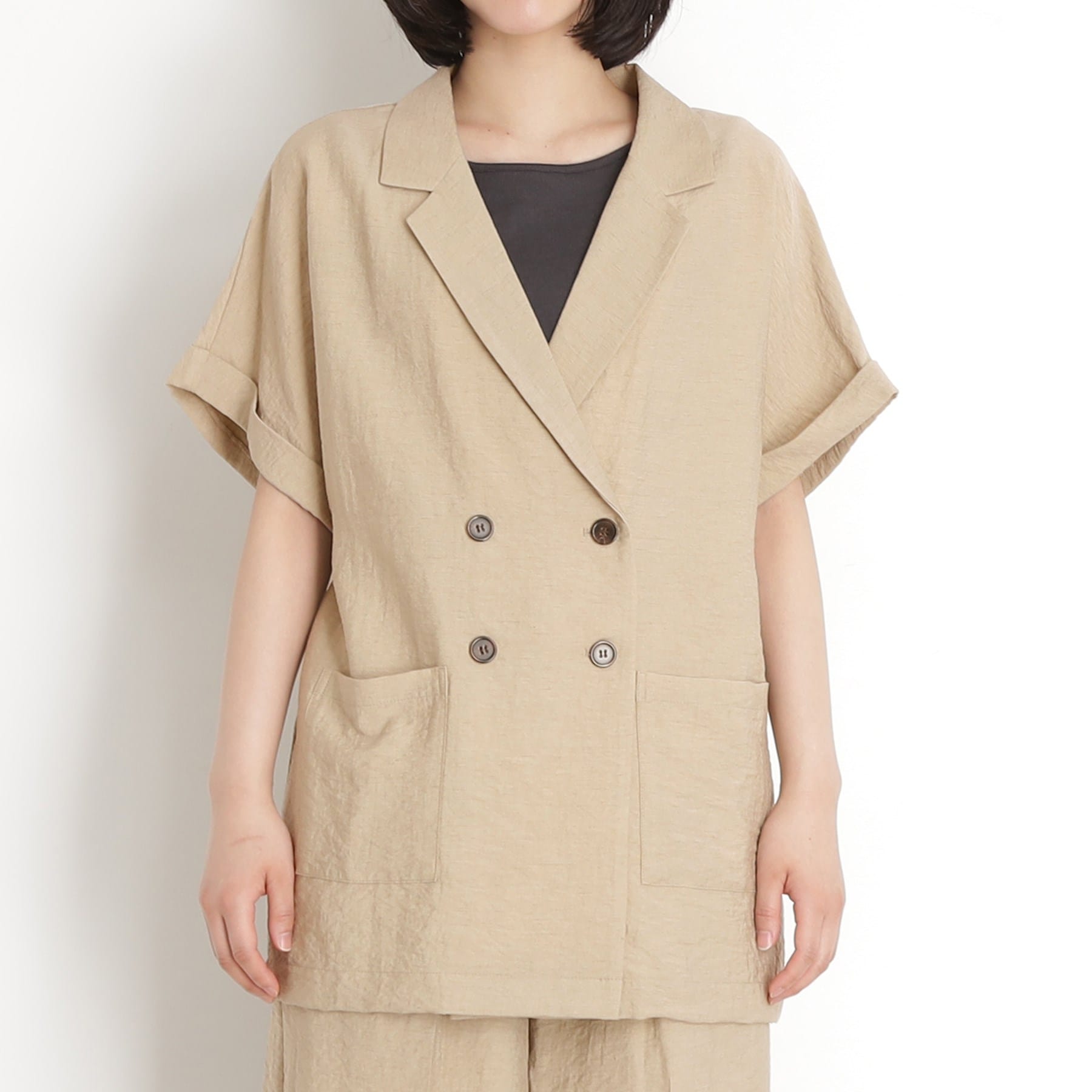 ザ ショップ ティーケー  (ウィメン) THE SHOP TK(Women) リネン混半袖テーラージャケット【洗える/セットアップ可】 （ブラック(019)） ブラック(019)