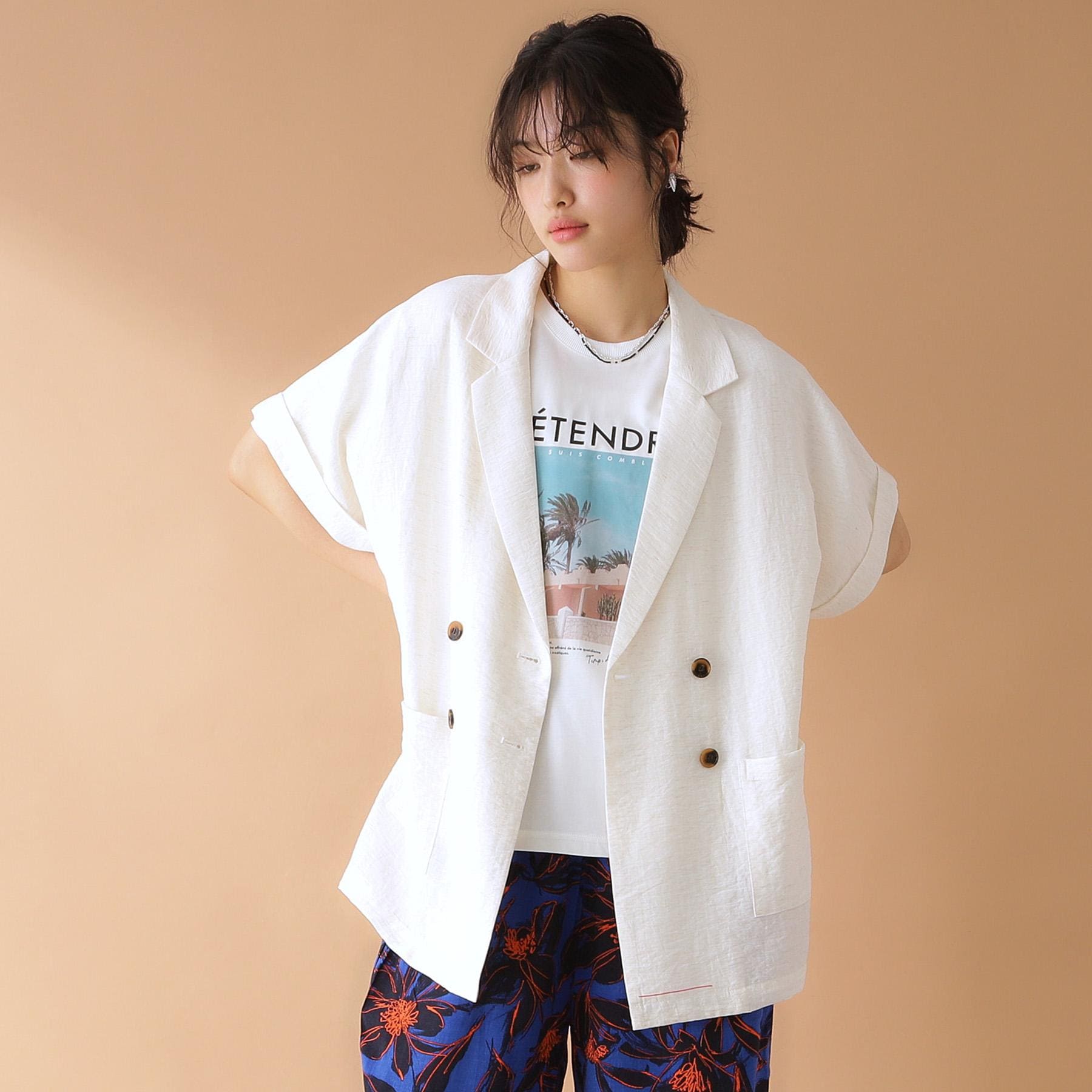 ザ ショップ ティーケー  (ウィメン) THE SHOP TK(Women) リネン混半袖テーラージャケット【洗える/セットアップ可】 （ブラック(019)） ブラック(019)