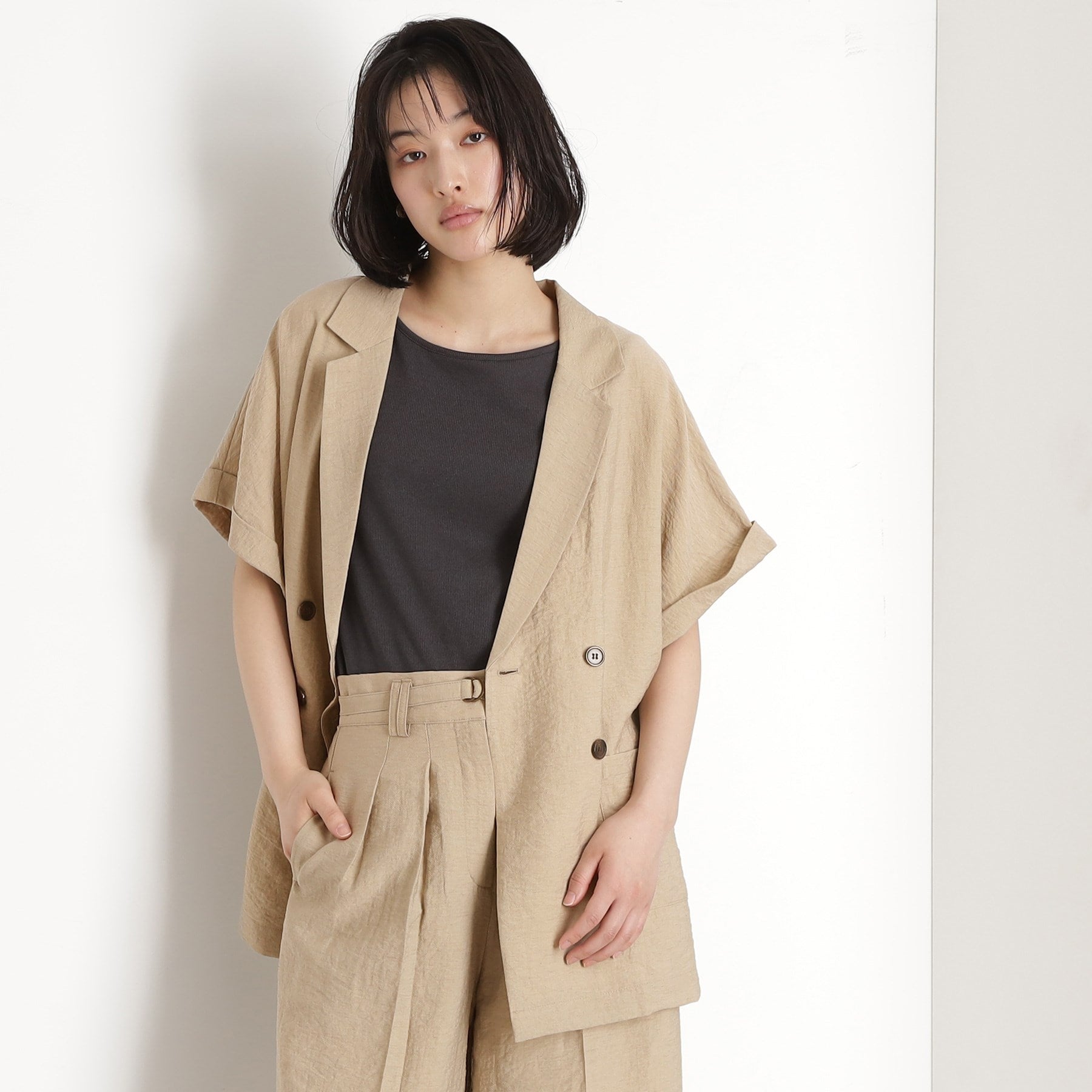 ザ ショップ ティーケー  (ウィメン) THE SHOP TK(Women) リネン混半袖テーラージャケット【洗える/セットアップ可】 （ベージュ(052)） ベージュ(052)