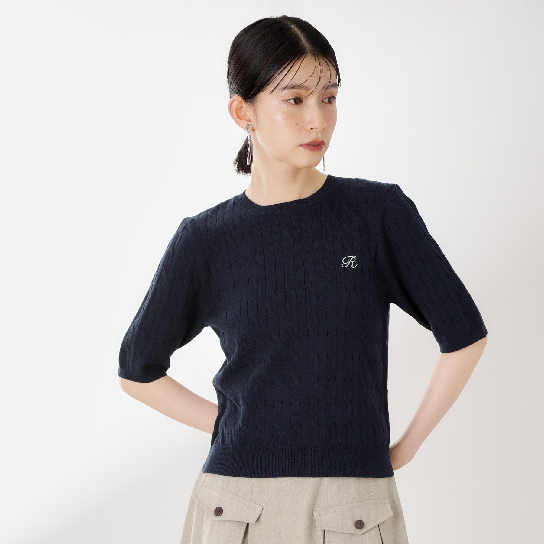 ザ ショップ ティーケー  (ウィメン) THE SHOP TK(Women) 刺繍入りケーブルニット半袖 （ネイビー(094)） ネイビー(094)