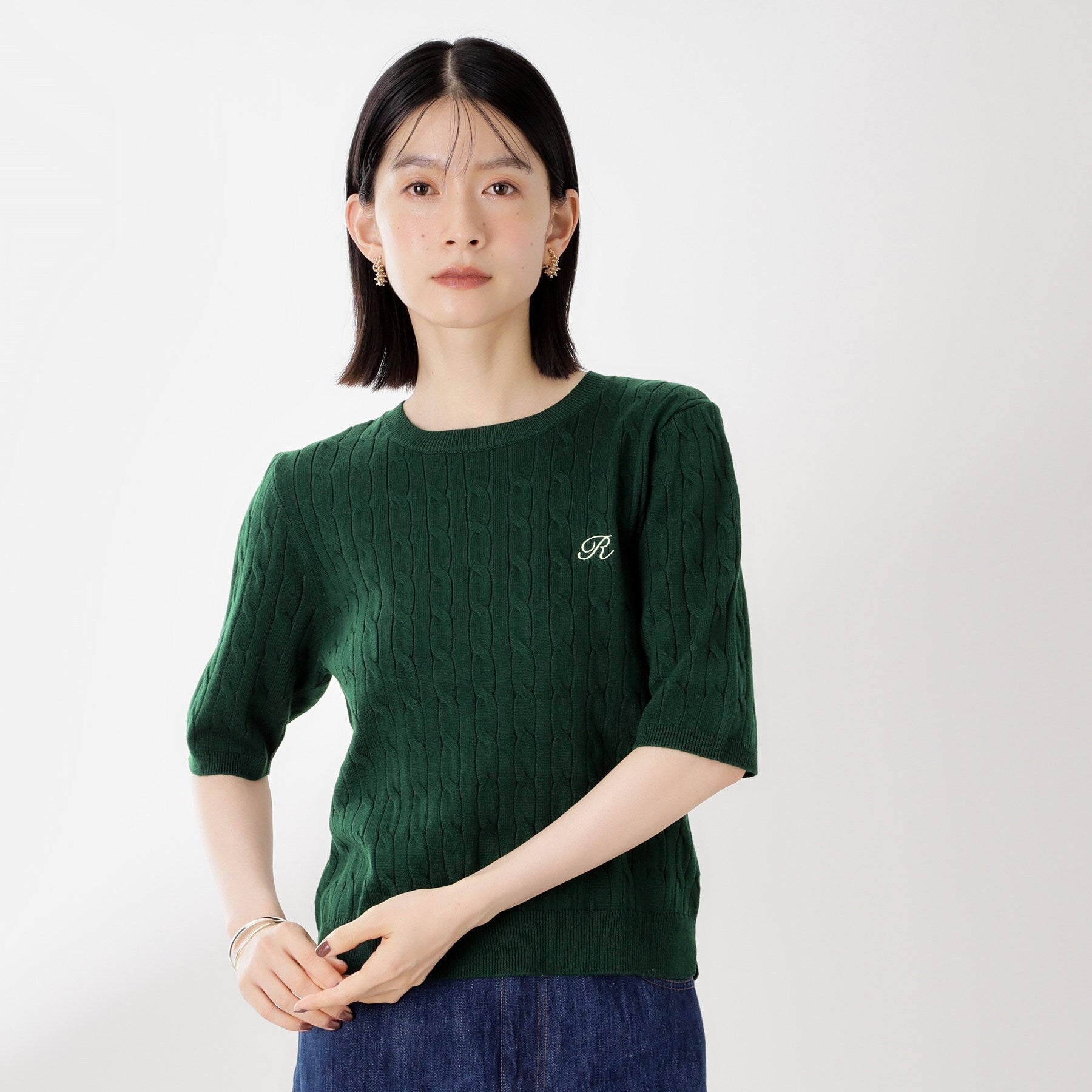 ザ ショップ ティーケー  (ウィメン) THE SHOP TK(Women) 刺繍入りケーブルニット半袖 （グリーン(022)） グリーン(022)
