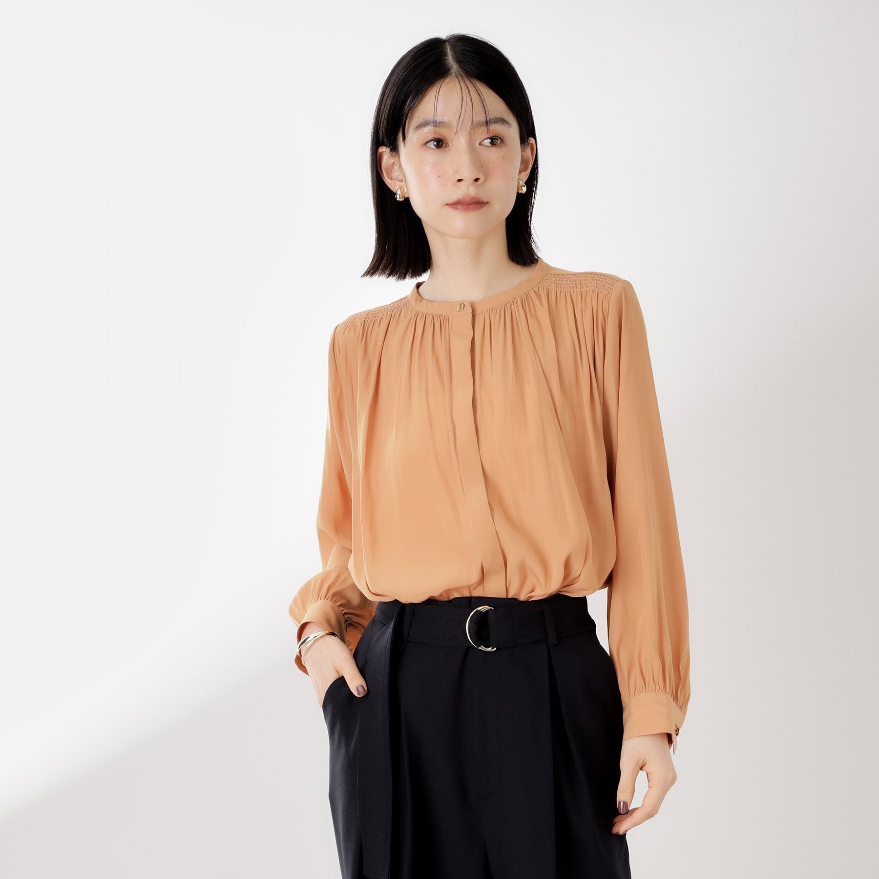 ザ ショップ ティーケー  (ウィメン) THE SHOP TK(Women) ヴィンテージサテンギャザーシャツ （オレンジ(067)） オレンジ(067)