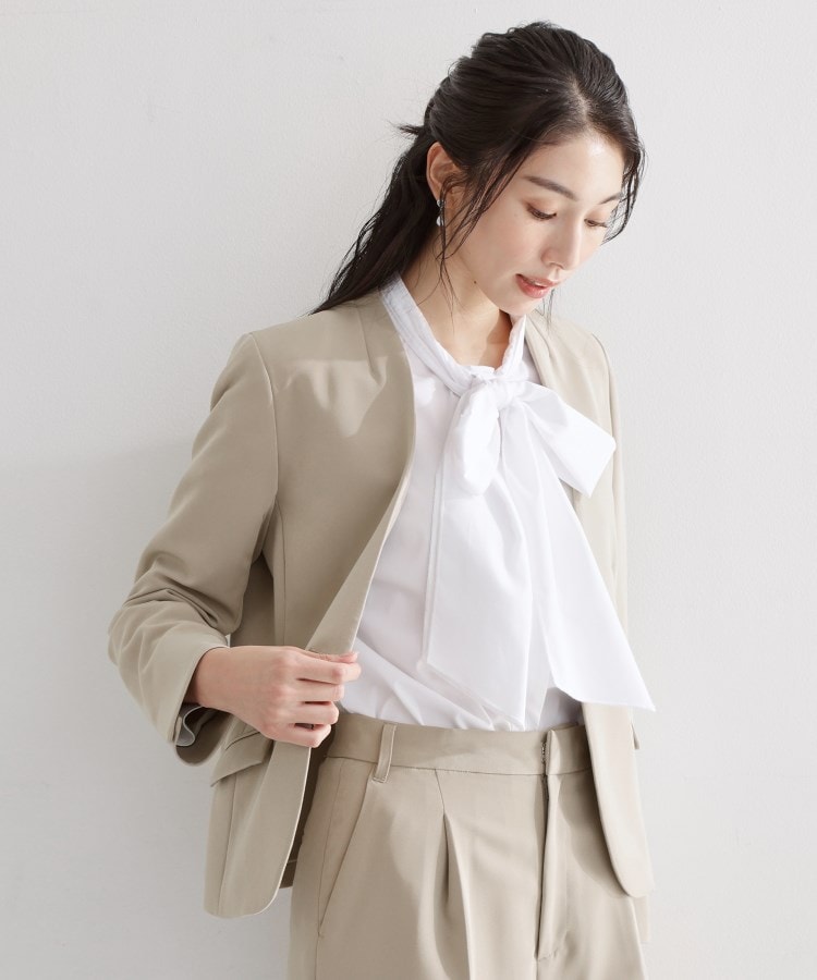 ザ ショップ ティーケー  (ウィメン) THE SHOP TK(Women) 【セットアップ可/洗濯機可/イージーケア/防汚加工】ダブルクロス ノーカラージャケット （ブラック(019)） ブラック(019)