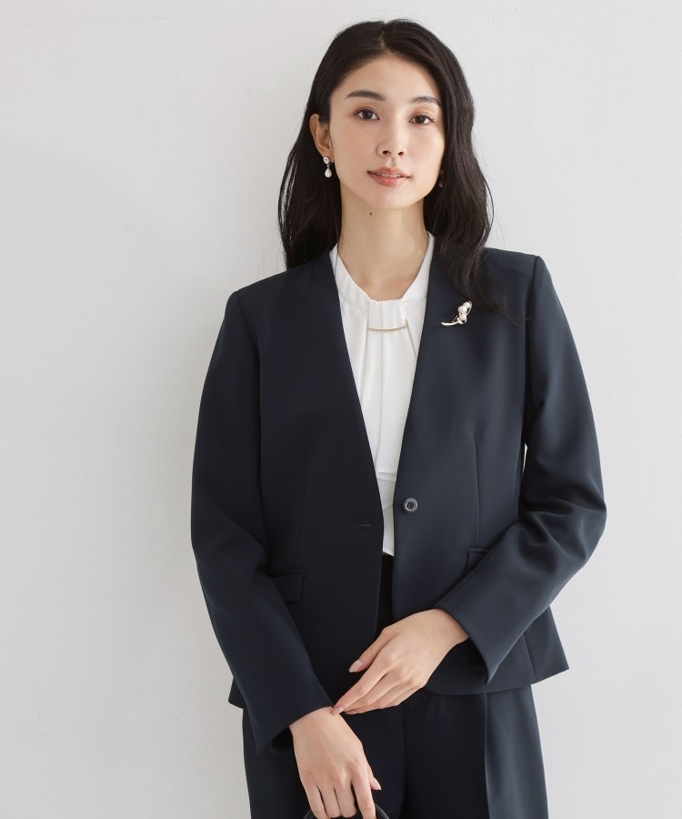 ザ ショップ ティーケー  (ウィメン) THE SHOP TK(Women) 【セットアップ可/洗濯機可/イージーケア/防汚加工】ダブルクロス ノーカラージャケット （ブラック(019)） ブラック(019)