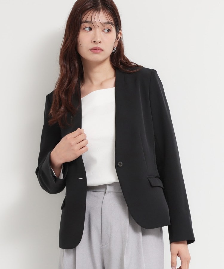 ザ ショップ ティーケー  (ウィメン) THE SHOP TK(Women) 【セットアップ可/洗濯機可/イージーケア/防汚加工】ダブルクロス ノーカラージャケット （ブラック(019)） ブラック(019)