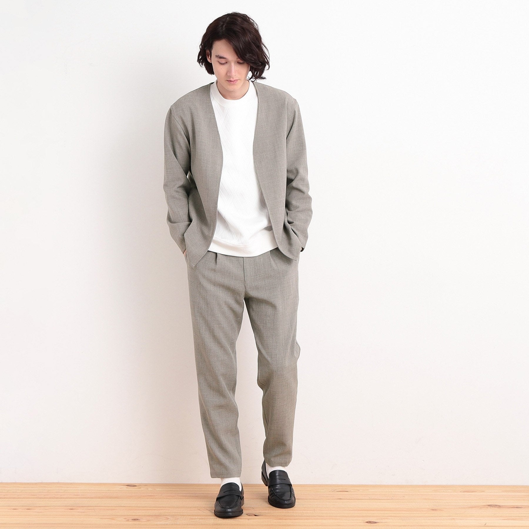 ザ ショップ ティーケー(メンズ) THE SHOP TK(Men) リサイクルシャークスキンノーカラーカーディガン セットアップ可 （ブルー(093)） ブルー(093)