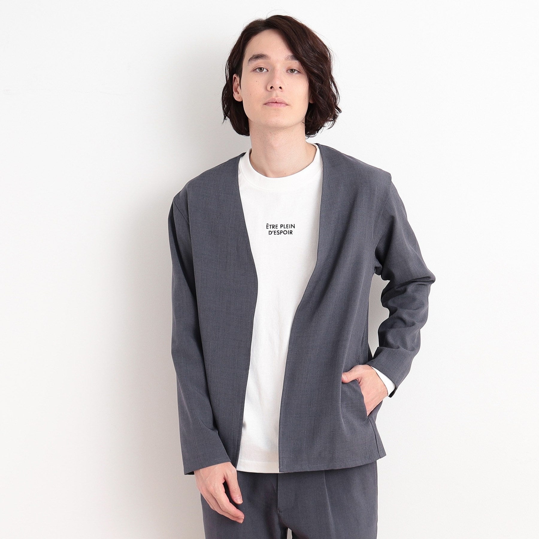 ザ ショップ ティーケー(メンズ) THE SHOP TK(Men) リサイクルシャークスキンノーカラーカーディガン セットアップ可 （ブルー(093)） ブルー(093)