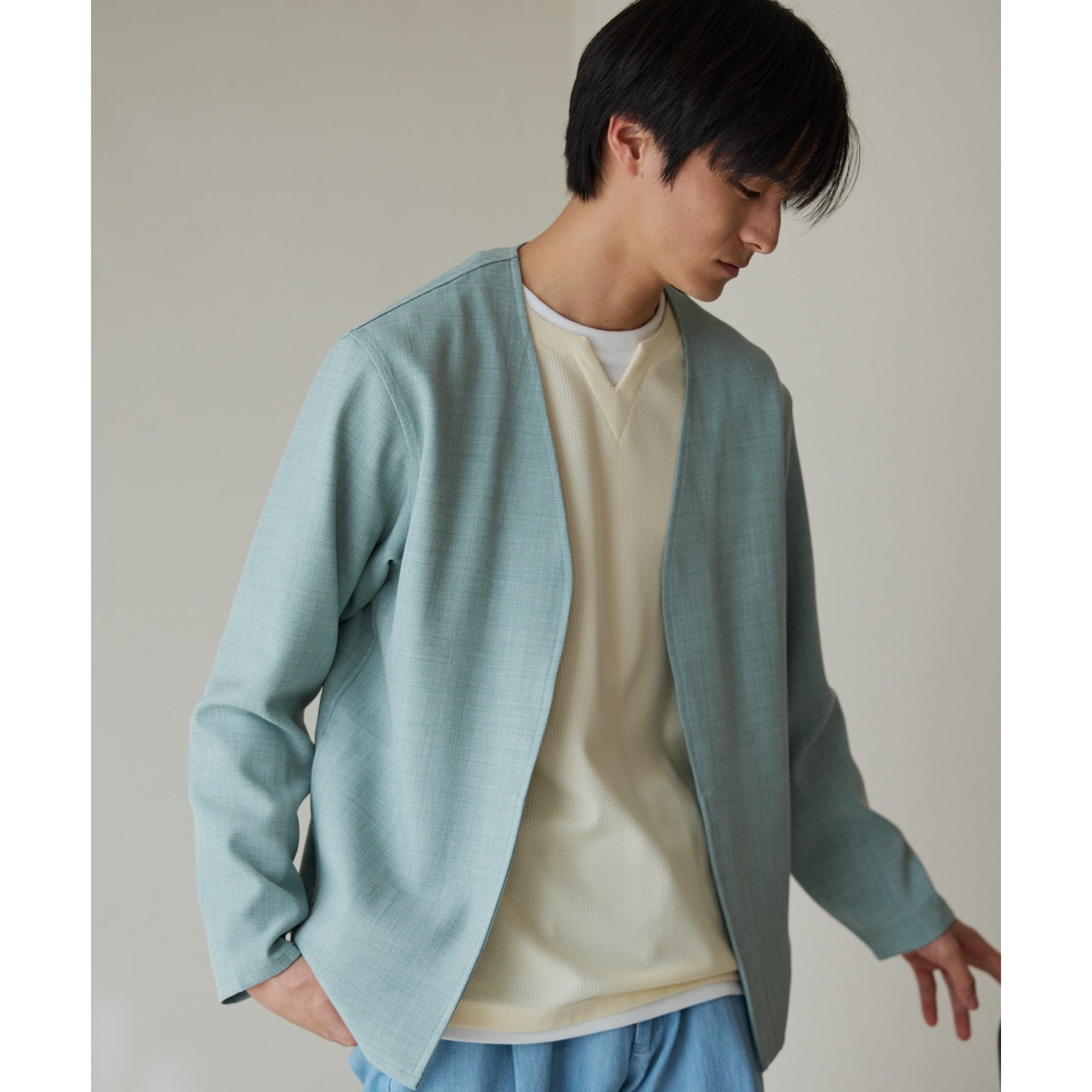 ザ ショップ ティーケー(メンズ) THE SHOP TK(Men) リサイクルシャークスキンノーカラーカーディガン セットアップ可 （ブルー(093)） ブルー(093)
