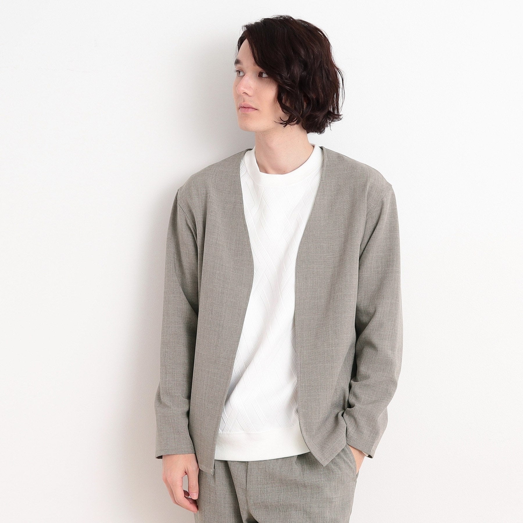 ザ ショップ ティーケー(メンズ) THE SHOP TK(Men) リサイクルシャークスキンノーカラーカーディガン セットアップ可 （チャコールグレー(014)） チャコールグレー(014)