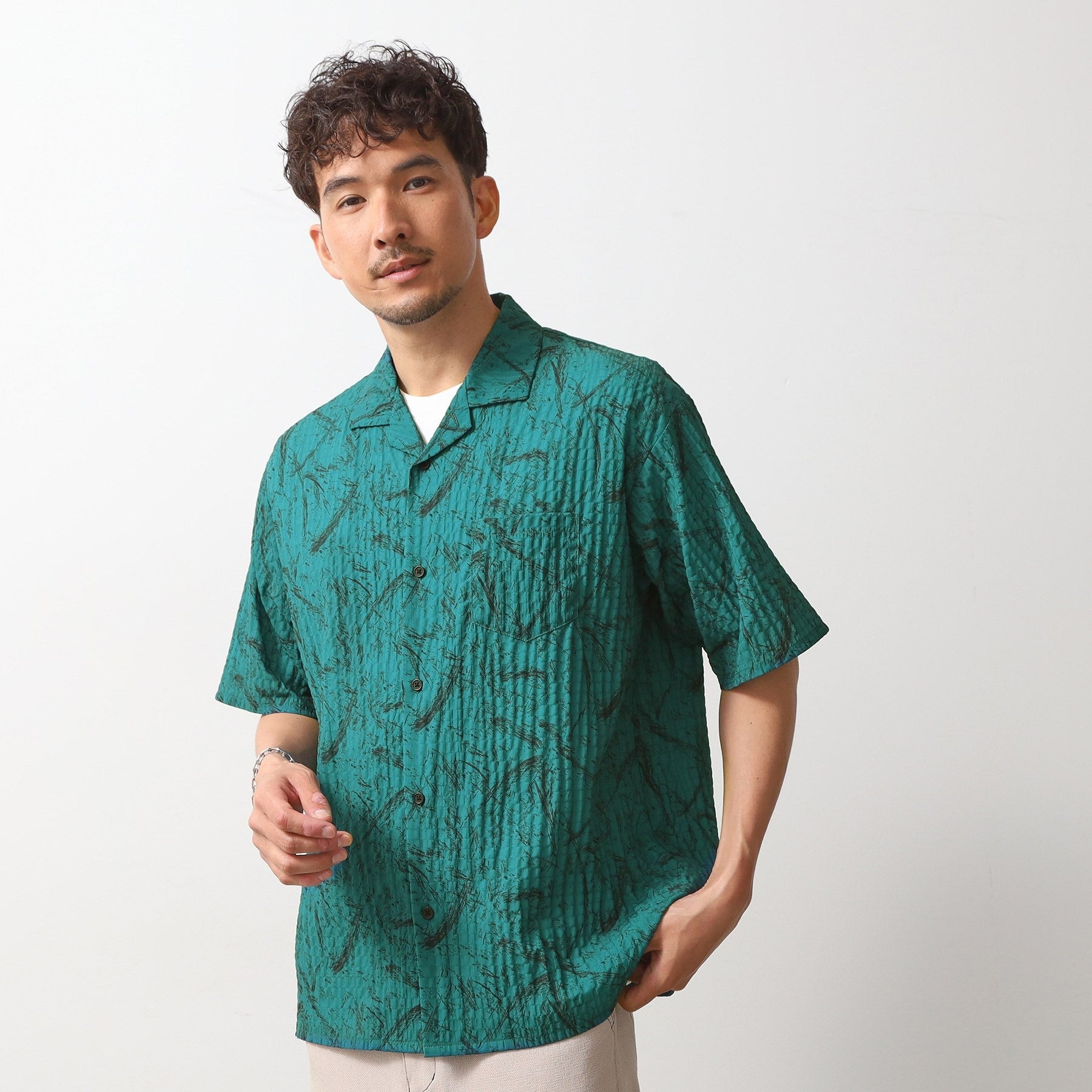 ザ ショップ ティーケー(メンズ) THE SHOP TK(Men) リップサッカー総柄半袖シャツ （グリーン(022)） グリーン(022)
