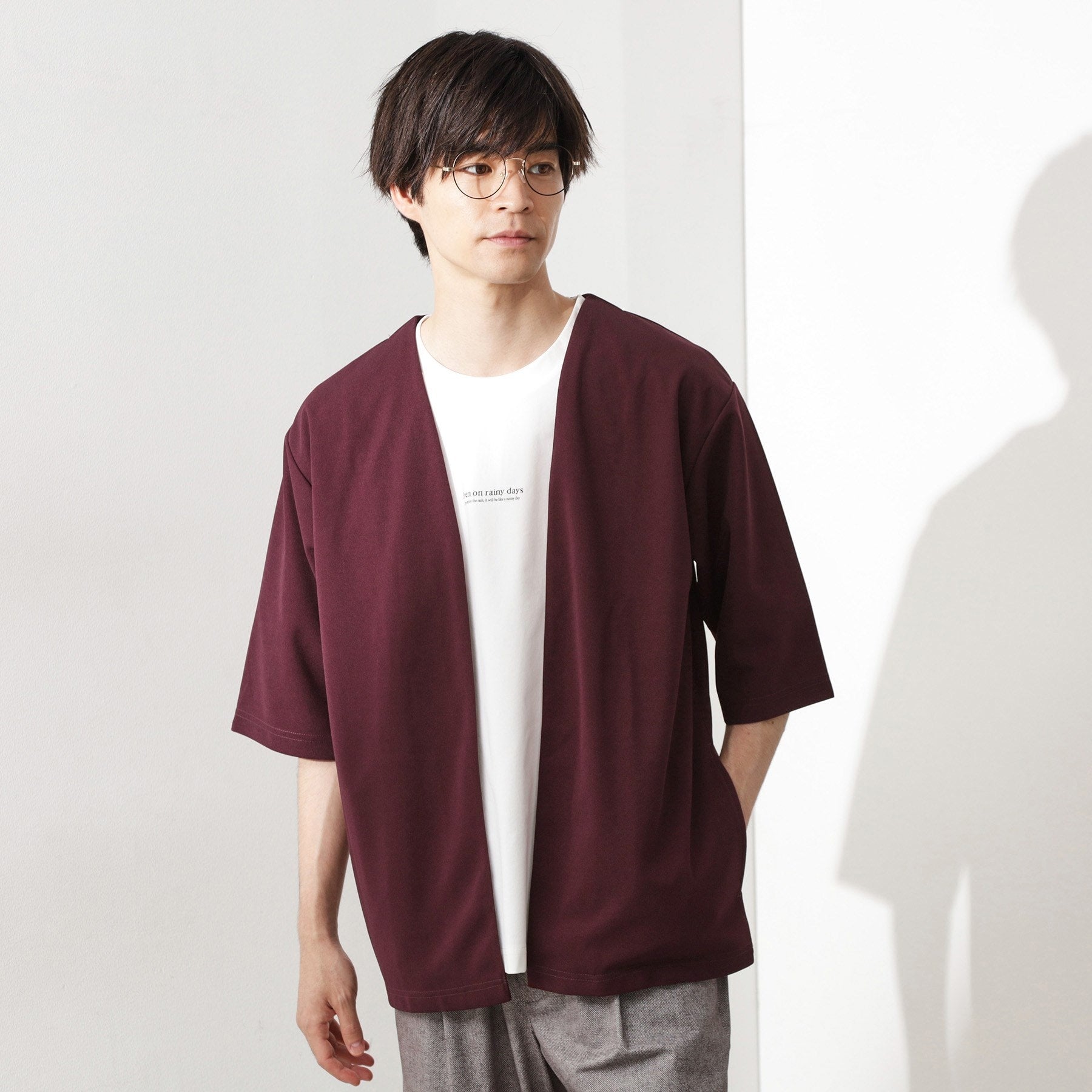 ザ ショップ ティーケー(メンズ) THE SHOP TK(Men) 梨地アンサンブルカーディガン 五分袖カーディガン＋半袖Tシャツセット/マシンウォッシャブル （ボルドー(064)） ボルドー(064)