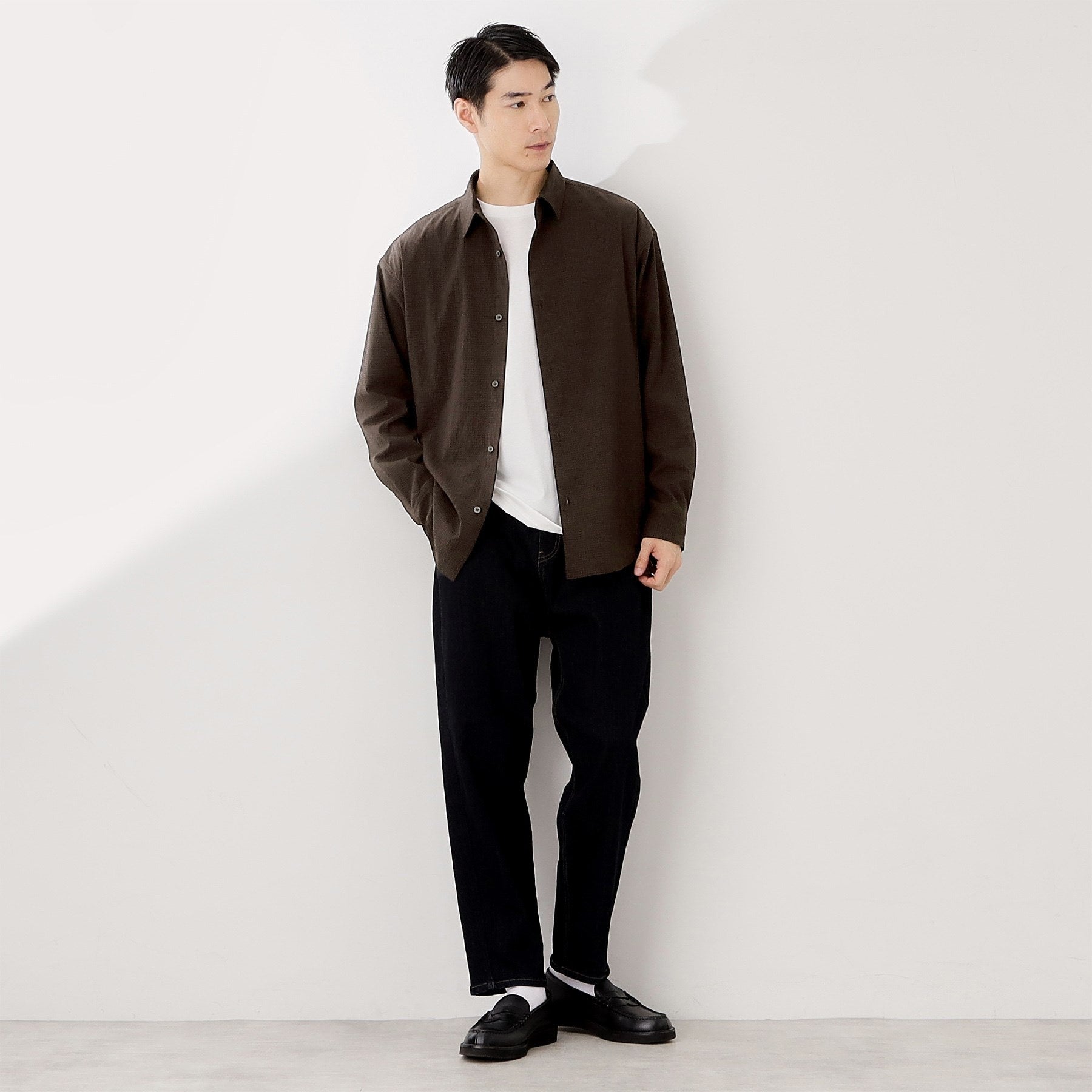 ザ ショップ ティーケー(メンズ) THE SHOP TK(Men) スーパーライトシアサッカー長袖シャツ【吸水速乾／イージーケア／洗濯機OK】 （ブラウン(044)） ブラウン(044)
