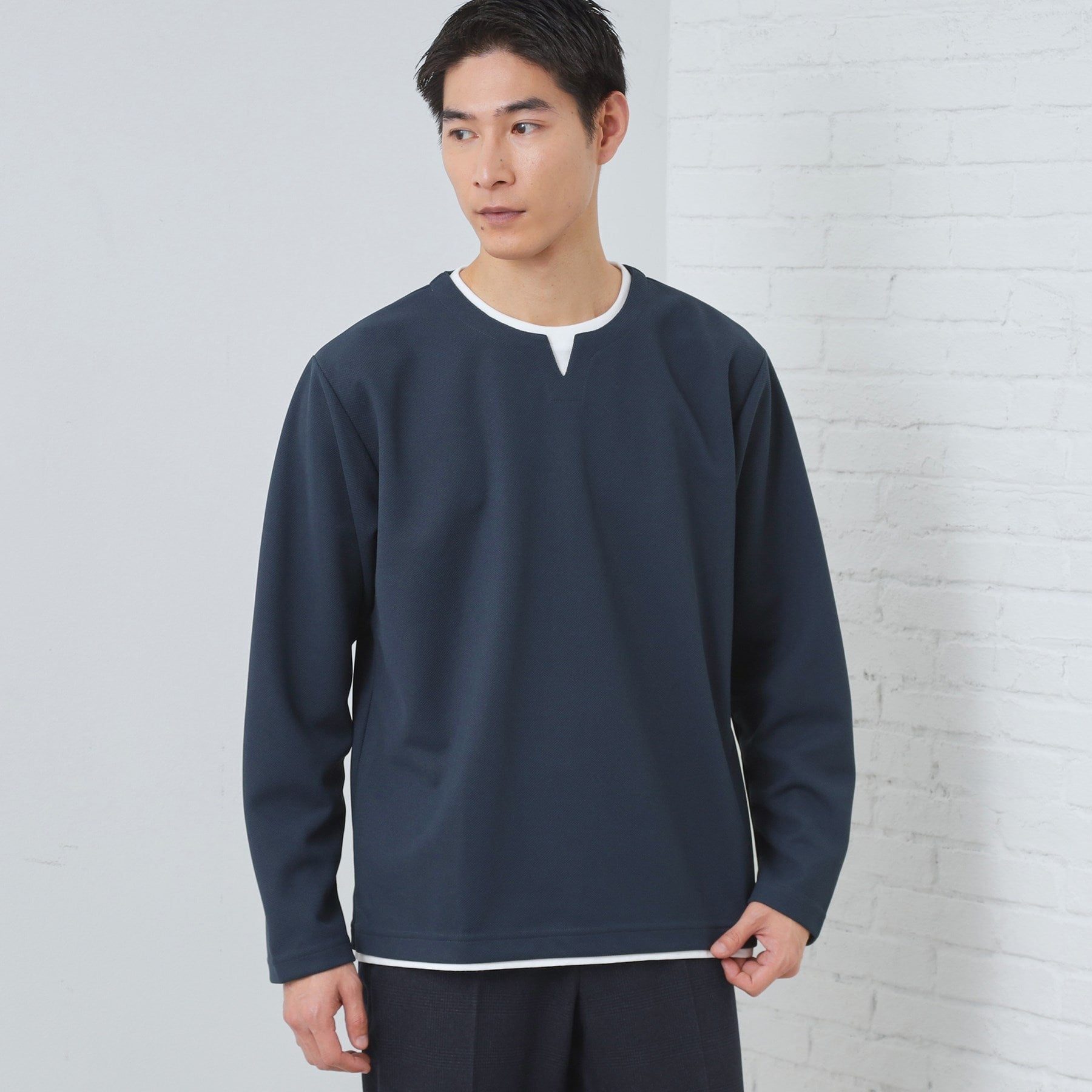 ザ ショップ ティーケー(メンズ) THE SHOP TK(Men) 【1枚で決まる！】キーネックフェイクレイヤード長袖Tシャツ （ネイビー(094)） ネイビー(094)