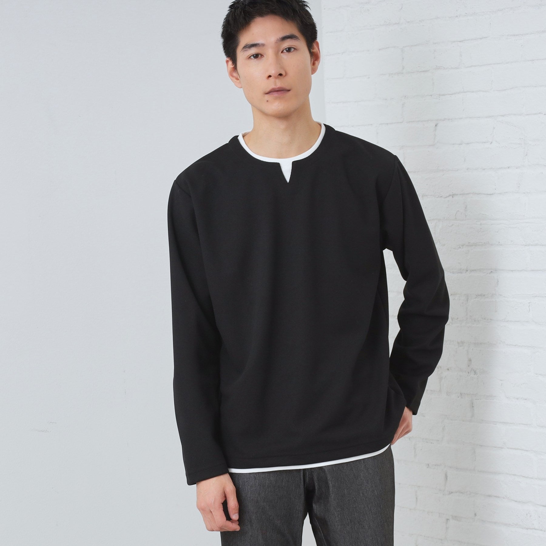 ザ ショップ ティーケー(メンズ) THE SHOP TK(Men) 【1枚で決まる！】キーネックフェイクレイヤード長袖Tシャツ （ブラック(019)） ブラック(019)
