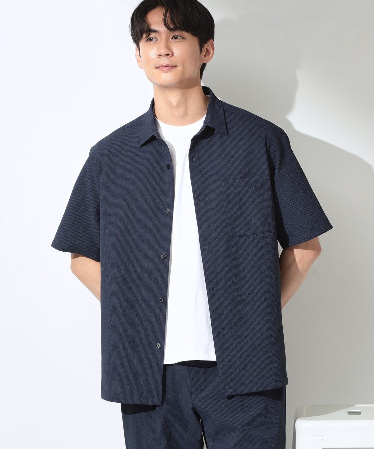 ザ ショップ ティーケー(メンズ) THE SHOP TK(Men) マイクロ シアサッカー 半袖シャツ 洗濯機OK／セットアップ可 （ネイビー(094)） ネイビー(094)