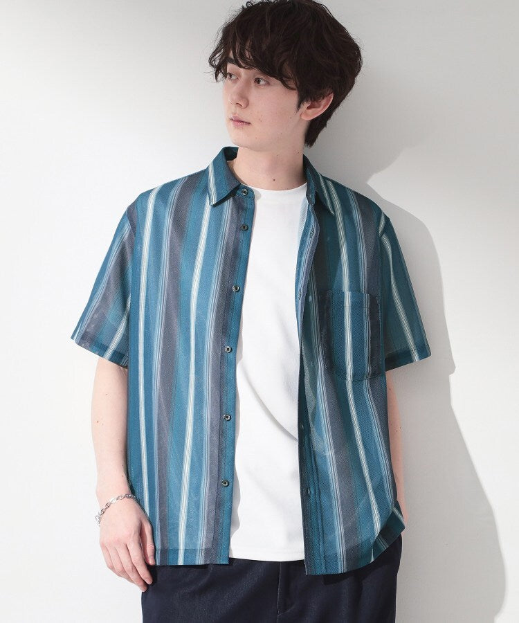 ザ ショップ ティーケー(メンズ) THE SHOP TK(Men) メッシュ ストライプ半袖シャツ 洗濯機OK／通気性◎ （ブルー(393)） ブルー(393)