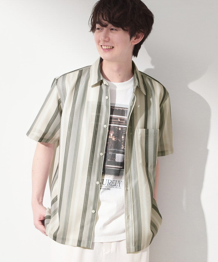 ザ ショップ ティーケー(メンズ) THE SHOP TK(Men) メッシュ ストライプ半袖シャツ 洗濯機OK／通気性◎ （ライトベージュ(351)） ライトベージュ(351)