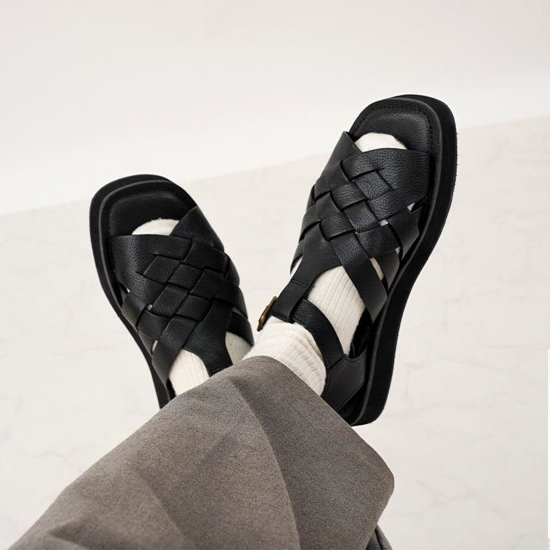 リリオブランコLirio blanco 本革サンダル編みこみ2.5cmヒールレザー