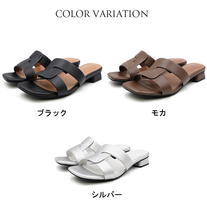 リリオブランコ Lirio blanco サンダル レディース ミュール チャンキーヒール つっかけ カットワーク フラットサンダル ローヒール ブラック 黒 （ブラック） ブラック
