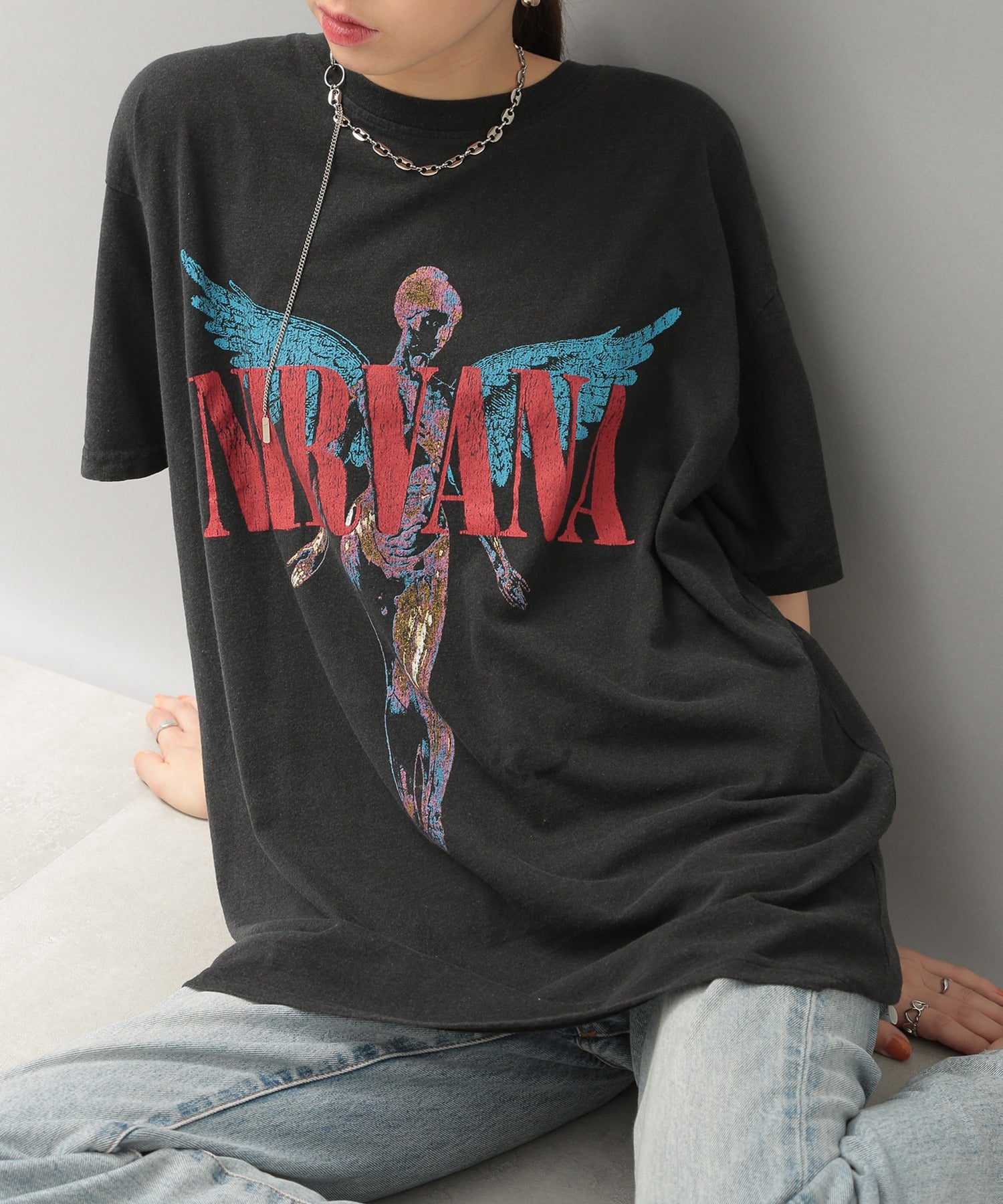 スリフティールック THRIFTY LOOK NIRVANA / RED HOT CHILI PEPPERS / The Beatles / oasis vintage Tee ロックバンドTEE S/S 半袖Tシャツ （ブラック） ブラック