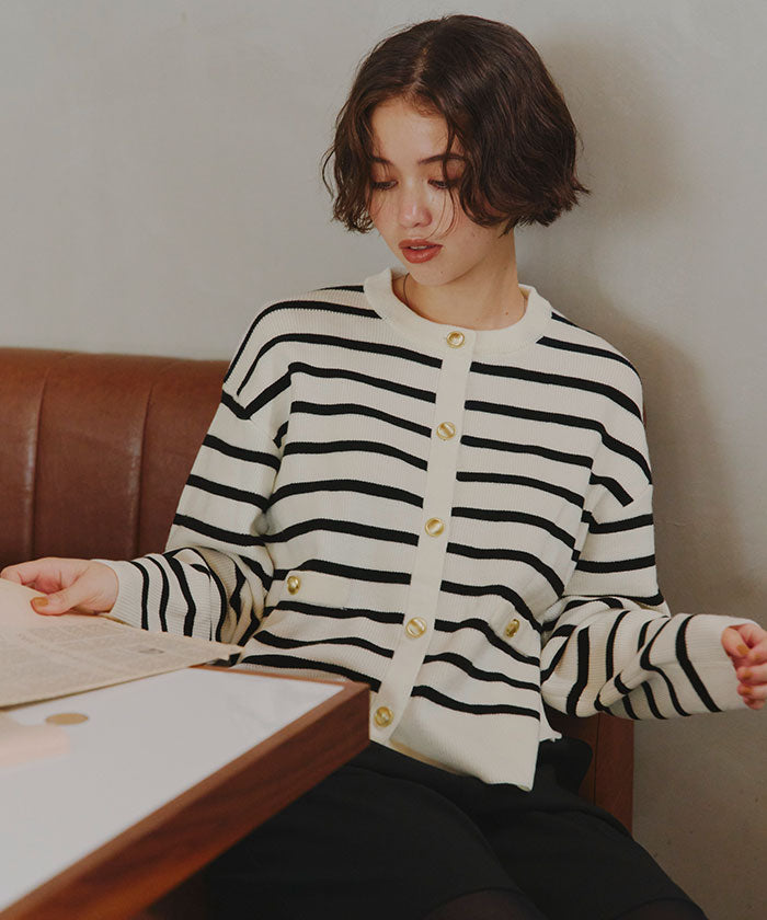 ティティベイト titivate ゴールド釦ニットカーディガン （ボーダー/オフホワイト） ボーダー/オフホワイト