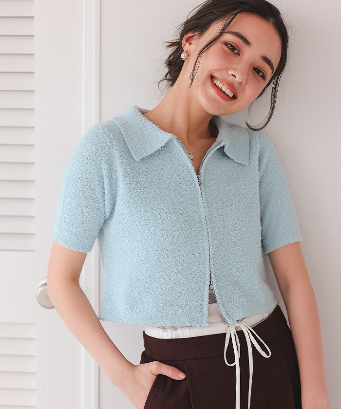 ティティベイト titivate パイルヤーンポロ襟Wジップブルゾン （ブルー） ブルー