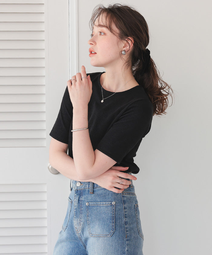 ティティベイト titivate ハートカット刺繍前後2wayハーフスリーブTシャツ （ブラック） ブラック
