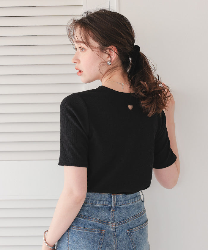 ティティベイト titivate ハートカット刺繍前後2wayハーフスリーブTシャツ （ブラック） ブラック