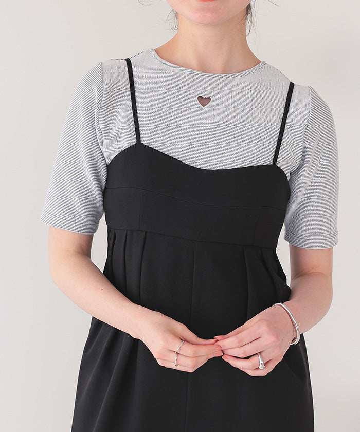 ティティベイト titivate ハートカット刺繍前後2wayハーフスリーブTシャツ （ブラック） ブラック