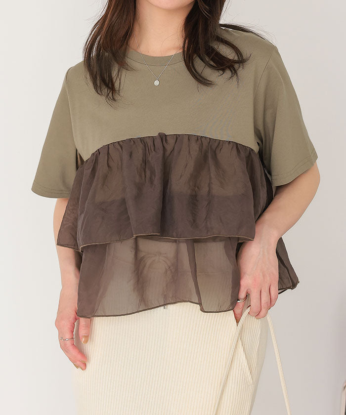 ティティベイト titivate オーガンジーフリルドッキングTシャツ （オリーブ） オリーブ