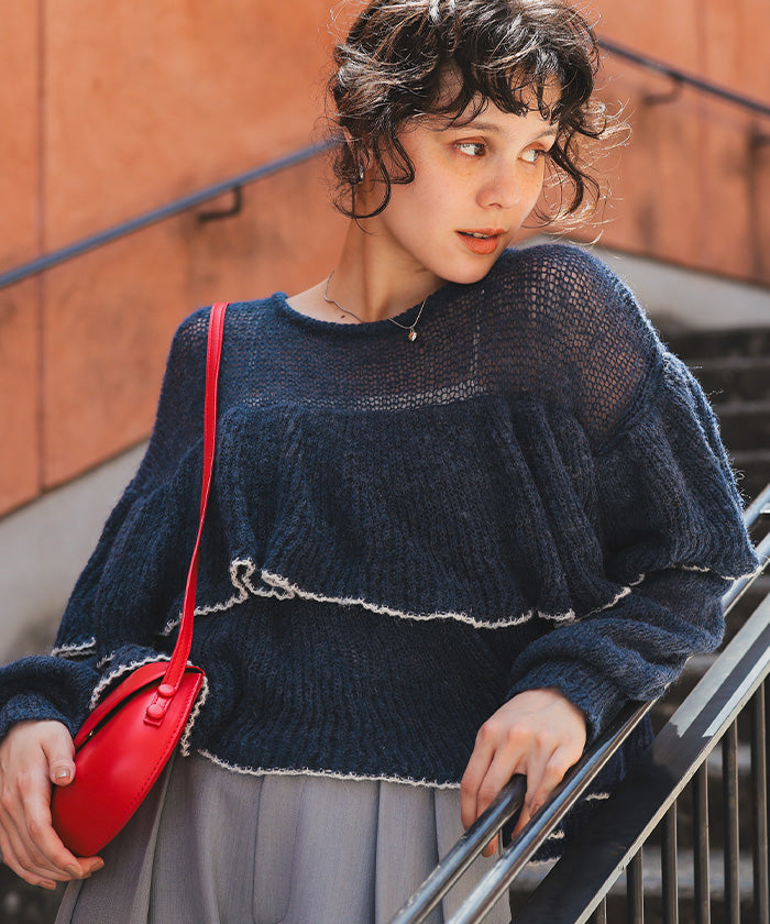 ティティベイト titivate ティアードフリルモヘアライクローゲージニットトップス （アイボリー） アイボリー