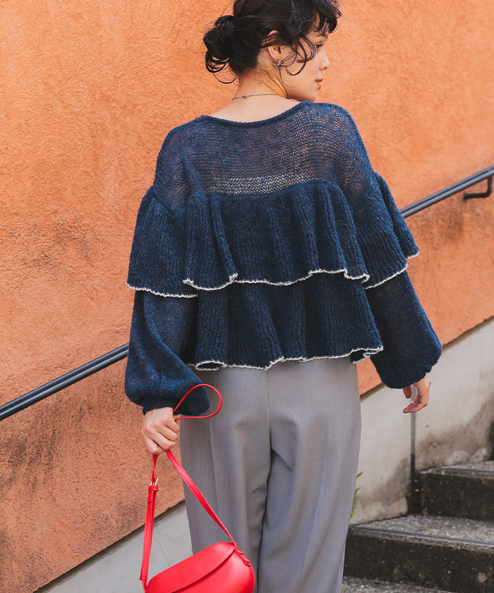 ティティベイト titivate ティアードフリルモヘアライクローゲージニットトップス （アイボリー） アイボリー