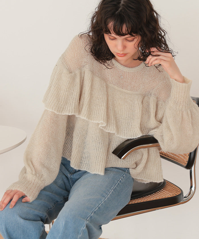 ティティベイト titivate ティアードフリルモヘアライクローゲージニットトップス （アイボリー） アイボリー