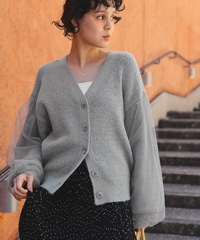 ティティベイト titivate 袖チュールVネックニットカーディガン （グレー） グレー