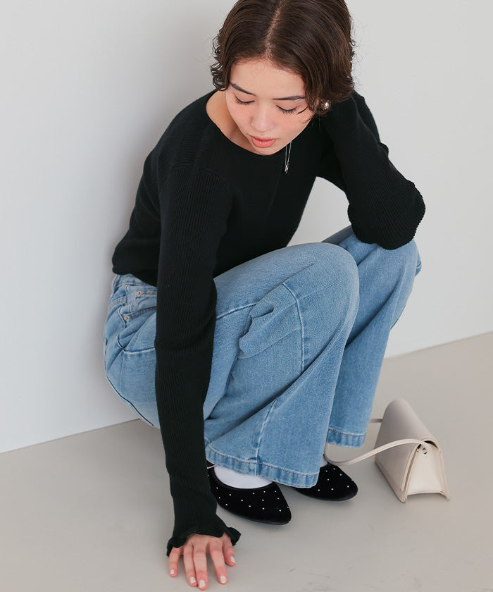 ティティベイト titivate ふわっとタッチフリルスリーブリブニット （ネイビー） ネイビー
