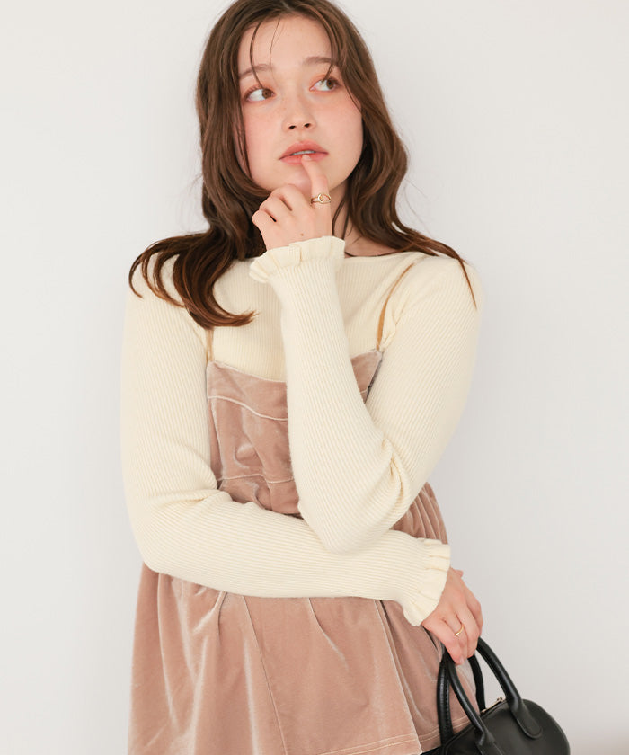ティティベイト titivate ふわっとタッチフリルスリーブリブニット （アイボリー） アイボリー