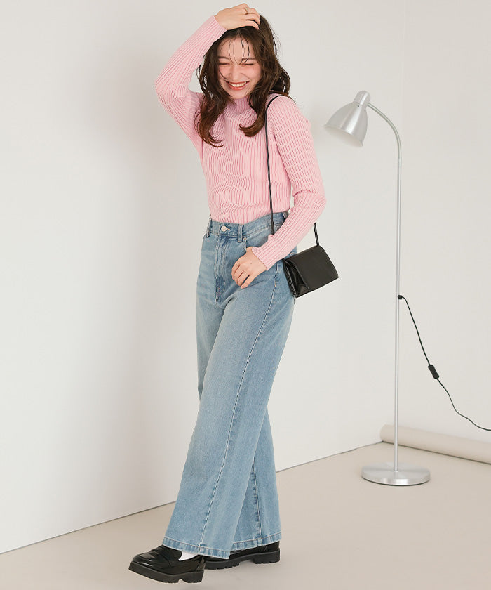 ティティベイト titivate ウォッシャブルボトルネック配色デザインニット （ブルー） ブルー